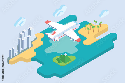 Summer Vacation. Flat Isometric Art. Airliner Travel Vector Illustration.