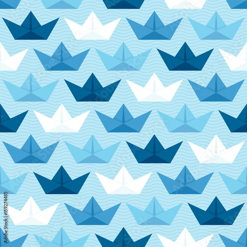 Seamless Pattern Paperboats & Waves Blue Mix
