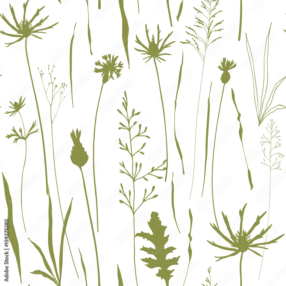 Obraz premium Vector floral seamless pattern with wild meadow flowers, herbs and grasses.