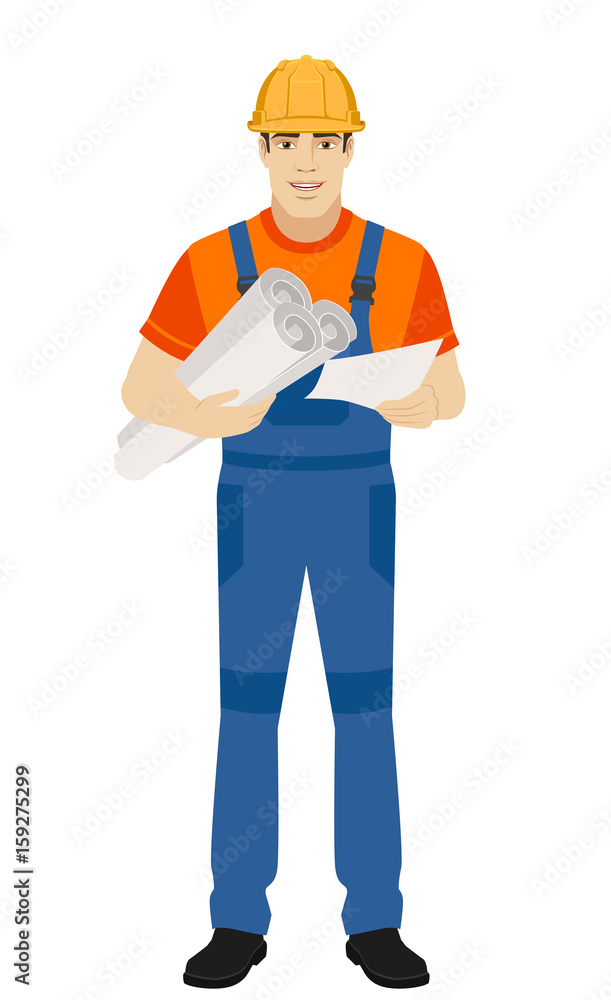 Builder holding the project plans and paper Builder holding the project plans and paper