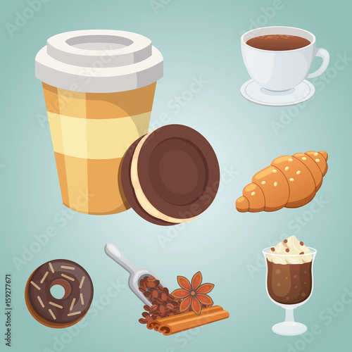 Cup of coffee, cappuccino, latte and chocolate food. Sweet deserts time.