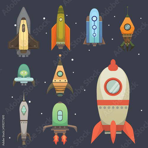 Rocket ship in cartoon style. New Businesses Innovation Development Flat Design Icons Template. Space ships illustrations set.
