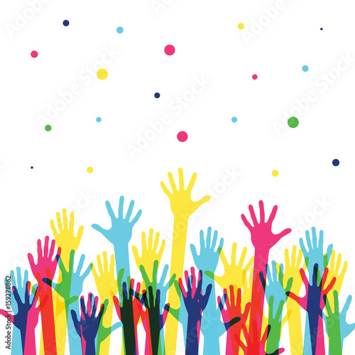 Raised colorful hands at a party. Waving hands in the fun event. Hand-voting in the crowd. Vector illustration