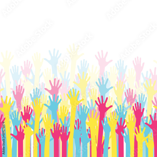 Raised colorful hands at a party. Waving hands in the fun event. Hand-voting in the crowd. Vector illustration