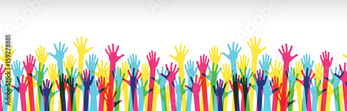 Seamless horizontal pattern from raised colorful hands at a party. Waving hands in the fun event. Hand-voting in the crowd. Vector illustration