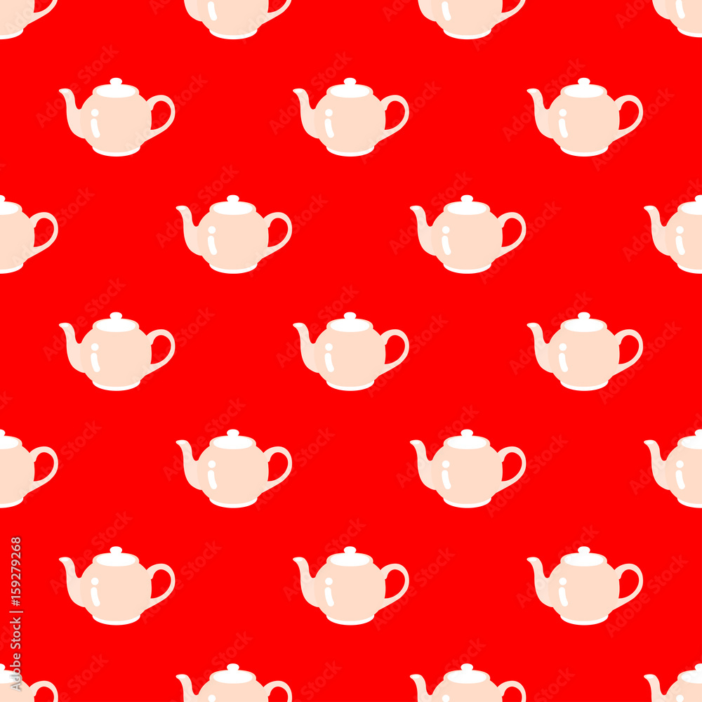 SEAMLESS TEA POT PATTERN
Tea pots arranged in pattern on the red background.