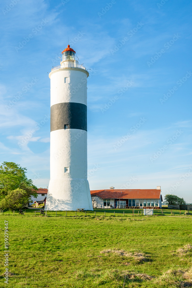 The tall lighthouse Long Jan on the island Oland in Sweden, seen with surrounding landscape and buildings on a fine sunny evening.