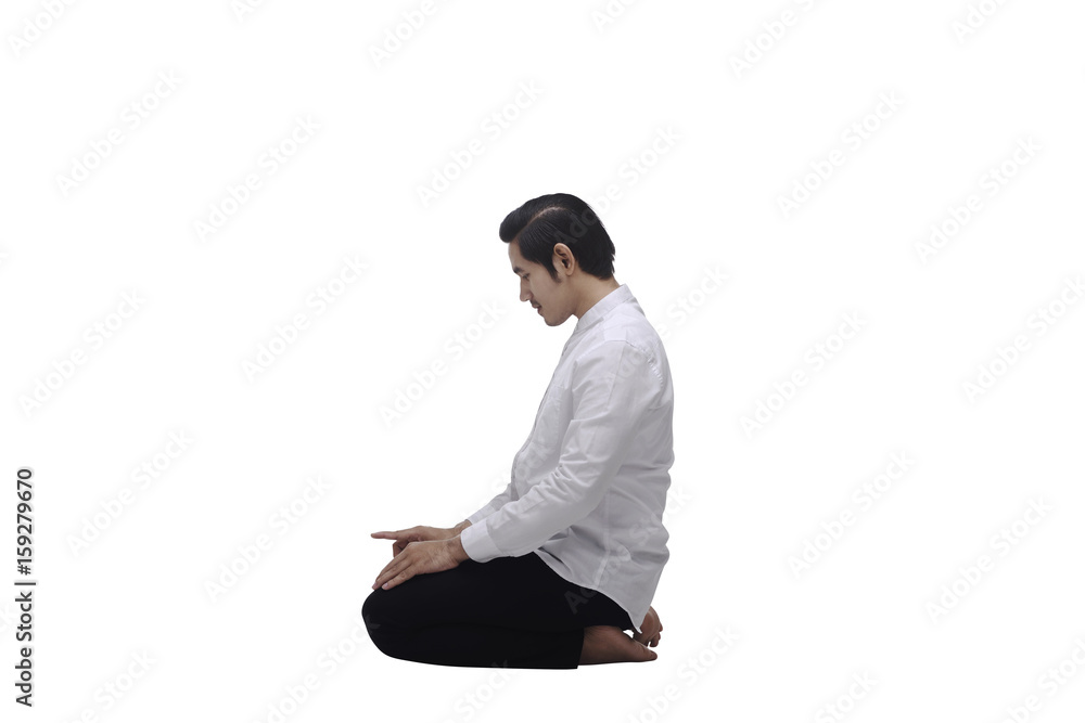 Portrait of asian muslim man praying to god Portrait of asian muslim man praying to god
