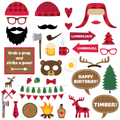 Lumberjack design elements and photo booth props set