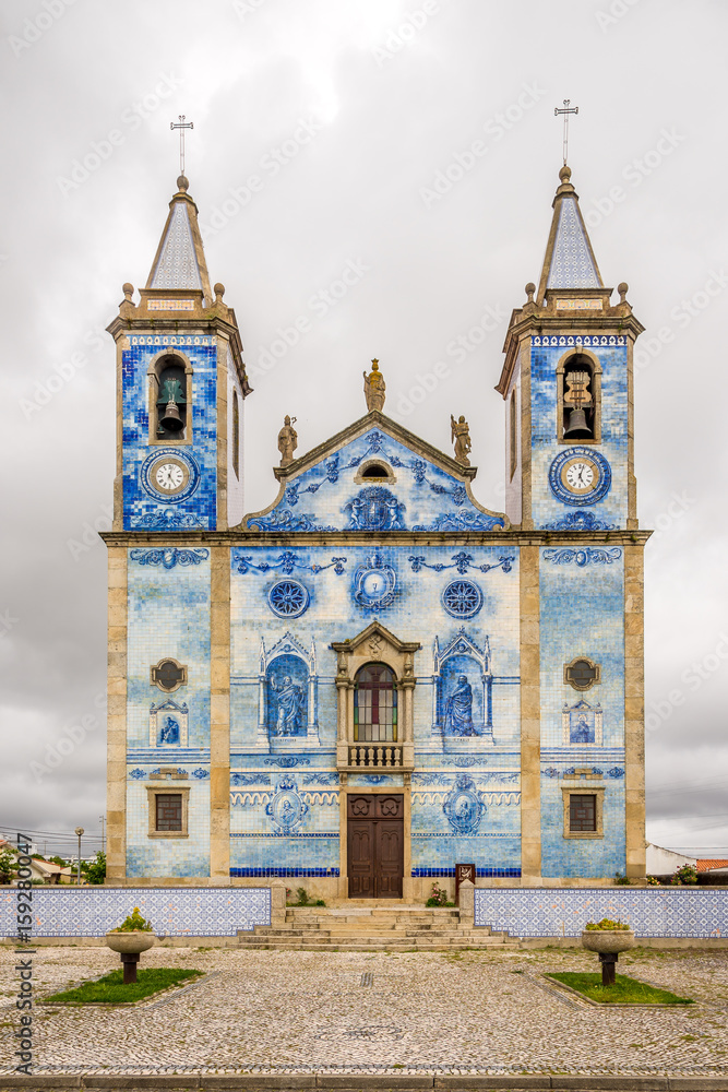 Facade of Santa Marinha church decorated with azulejo, Cortegaca