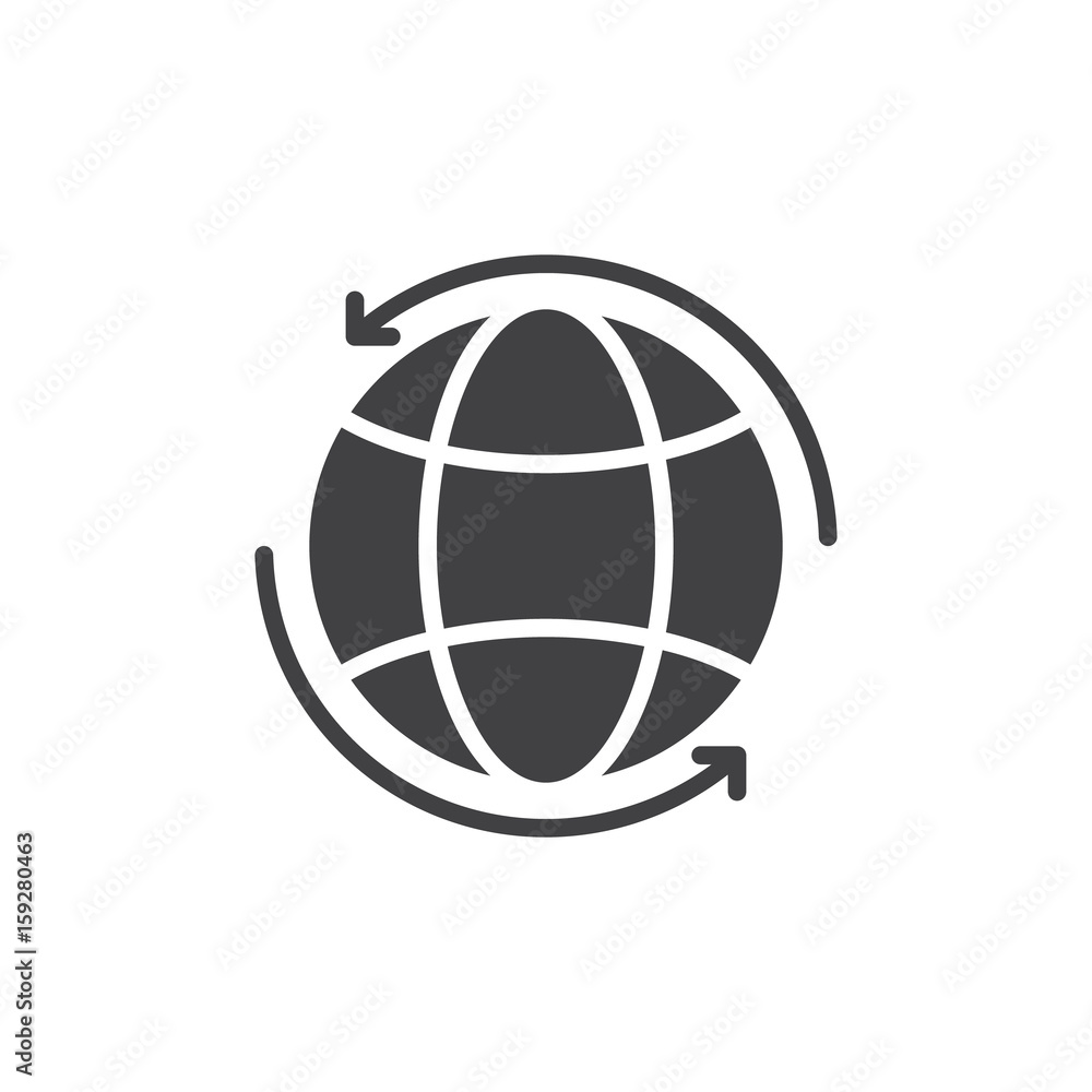 Fototapeta premium Globe with arrows around icon vector, filled flat sign, solid pictogram isolated on white. Worldwide symbol, logo illustration. Pixel perfect