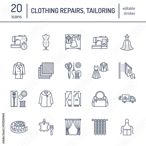 Clothing repair, alterations flat line icons set. Tailor store services - dressmaking, clothes steaming, curtains sewing. Linear signs set, logos for atelier.