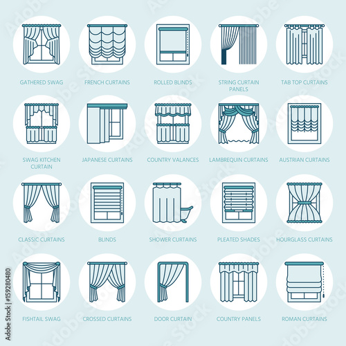Window curtains, shades line icons. Various room darkening decoration, lambrequin, swag, french curtain, blinds and rolled panels. Interior design thin linear signs for house decor shop. Blue color.