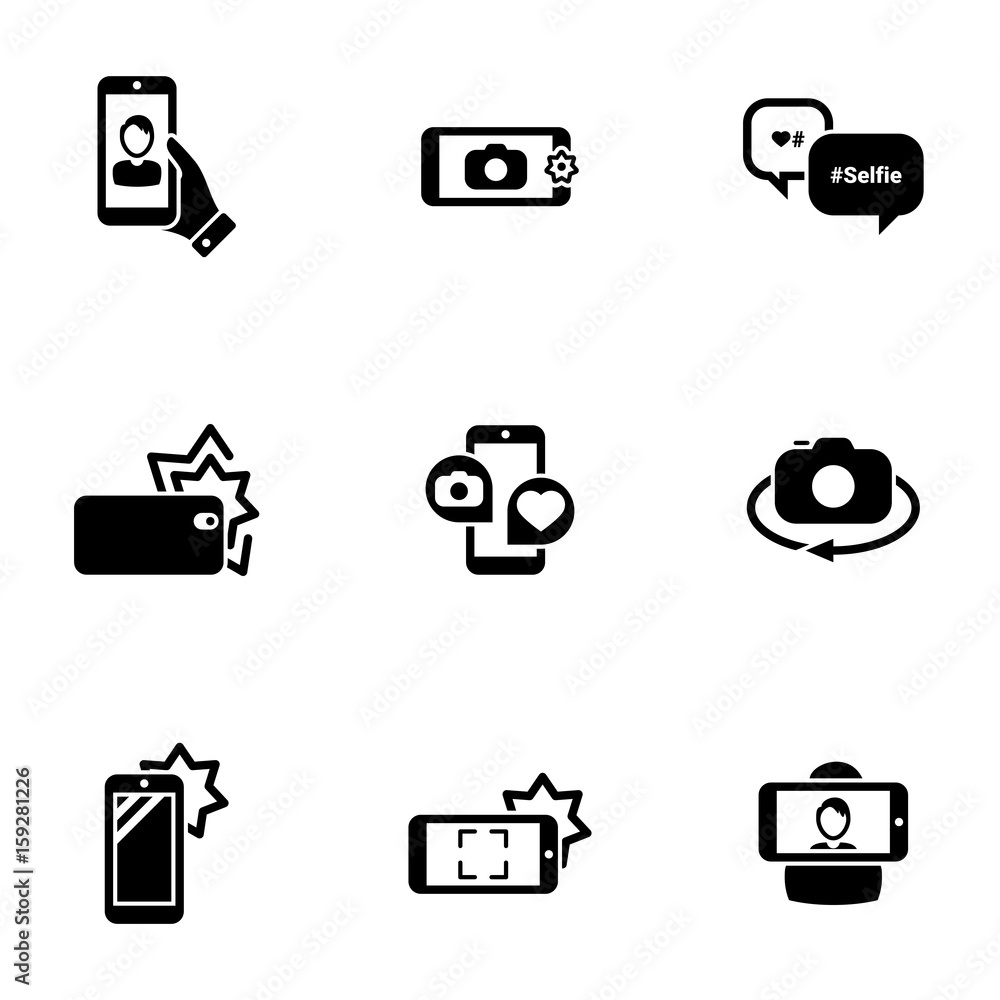 Set of simple icons on a theme Self, photo, camera, phone, mobile, interaction, technology, vector, set. Black icons isolated against white background Set of simple icons on a theme Self, photo, camera, phone, mobile, interaction, technology, vector, set. Black icons isolated against white background
