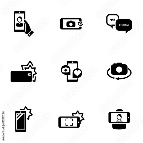 Set of simple icons on a theme Self, photo, camera, phone, mobile, interaction, technology, vector, set. Black icons isolated against white background