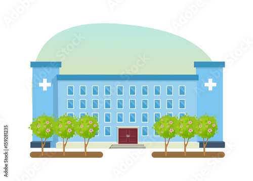 Modern hospital building, healthcare system, medical facility with all departments.