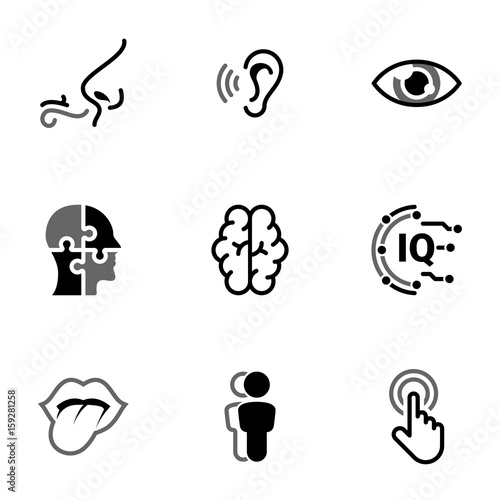 Set of simple icons on a theme Sense organs, man, mind, processing, perception, intellect , vector, set. Black icons isolated against white background