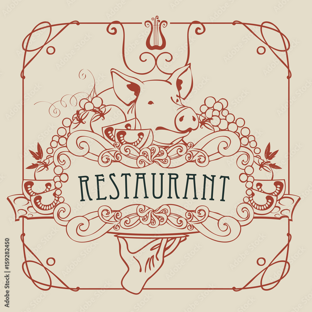 Vector restaurant menu with a picture of a hand with a tray on which is a still life with piglet, vegetables and cheese in a Baroque style with a curly frame.