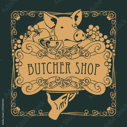 Vector banner for the butcher shop with a picture of a hand with a tray on which is a still life with piglet, vegetables and cheese in a Baroque style with a curly frame.