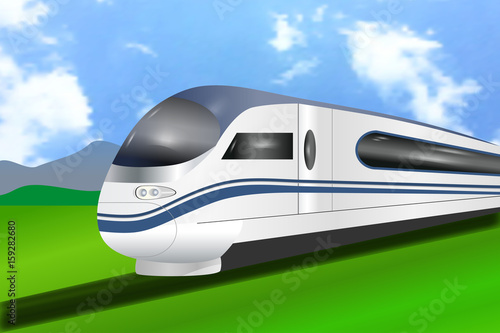 Super streamlined high-speed modern business train. Scenic summer view. Concept railway tourism transportation. Vector