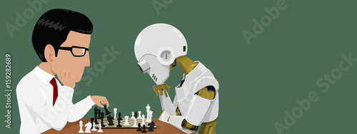 Close up of Businessman and robot are playing chess
