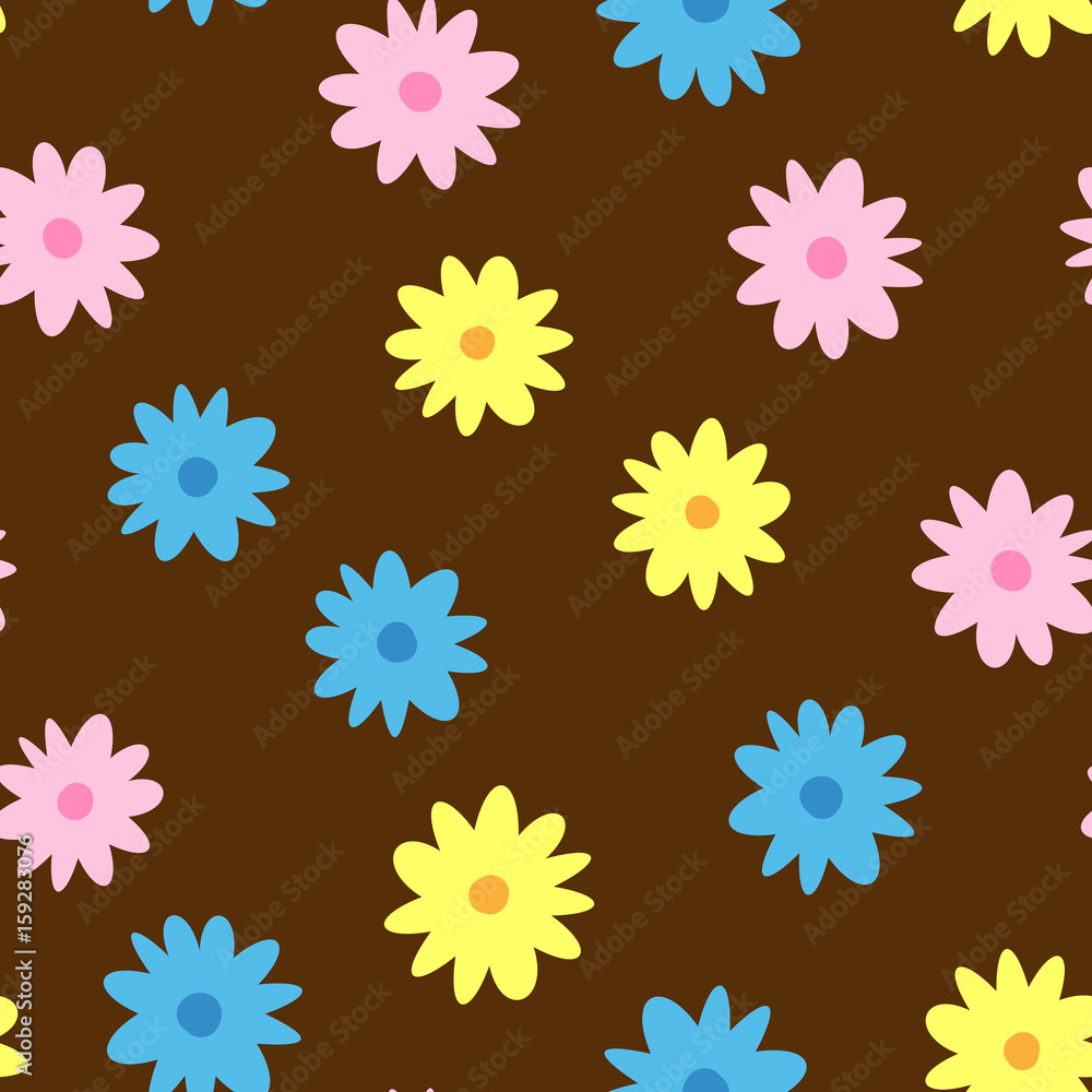 Cartoon floral seamless pattern. Colored flowers.