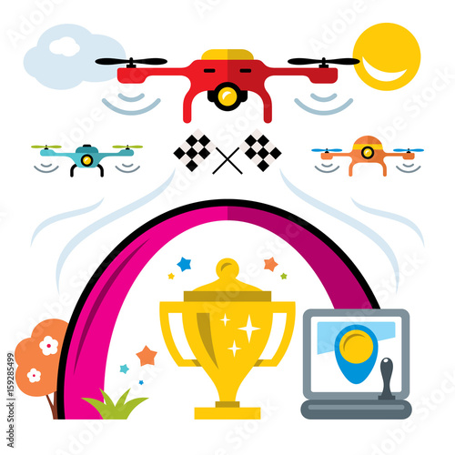 Vector Quadrocopter racing competition new sport. Flat style colorful Cartoon illustration.