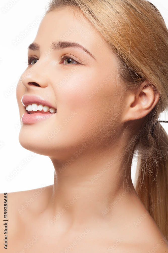 Girl smiling on white background in studio photo. Perfect white teeth Girl smiling on white background in studio photo. Perfect white teeth