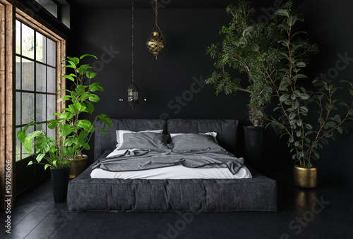 Wide bed in dark room