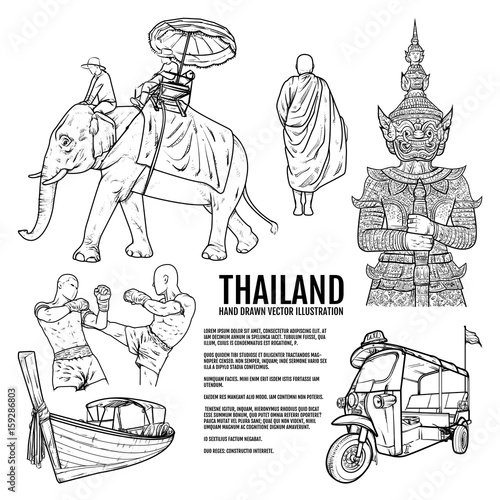 Thailand Travel Landmarks. Hand draw Vector Illustration. Amazing thailand