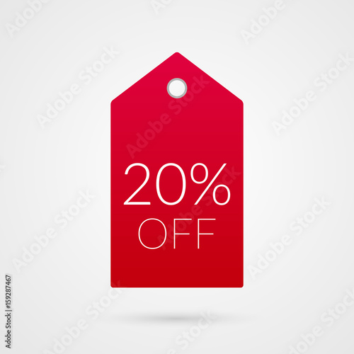 20 percent off shopping tag vector icon. Red and white isolated discount symbol. Illustration sign for sale, advertisement, marketing project, business, retail, wholesale, shop, commerce, finance