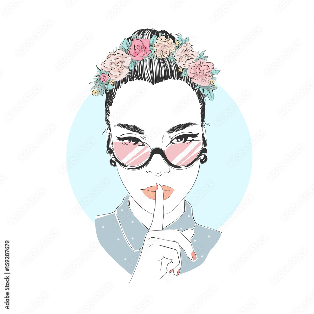 Obraz premium Portrait of young beautiful woman with flowers in long hair with glasses. Comic style fashion illustration.