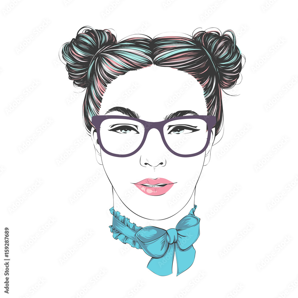 Portrait of young beautiful woman with two beams and a bandage with a red bow on her neck with glasses. Comic style vector fashion illustration.