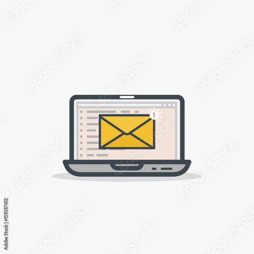 Email and laptop concept. You've got a mail notification sign. One new message. Modern line style vector illustration. Notebook with e-mail web page interface and envelope with notification. 