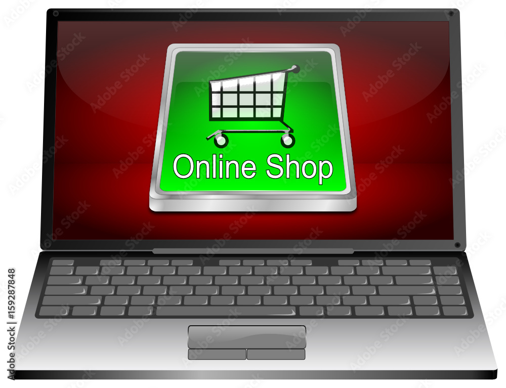 Laptop Computer with online Shop Button - 3D illustration Laptop Computer with online Shop Button - 3D illustration