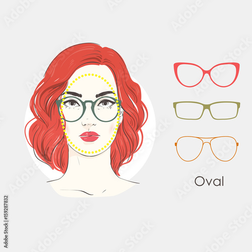 Vector set beautiful women portrait with different haircuts and shape of glasses for oval type of faces. Hand drawn illustration.