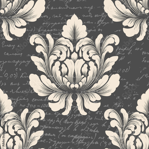 Fototapeta Naklejka Na Ścianę i Meble -  Vector damask seamless pattern element with ancient text. Classical luxury old fashioned damask ornament, royal victorian seamless texture for wallpapers, textile. Exquisite floral baroque template