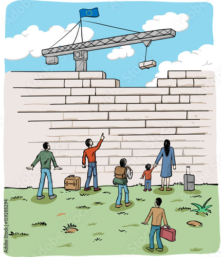 many people  refugees on a border wall with a crane and european flag