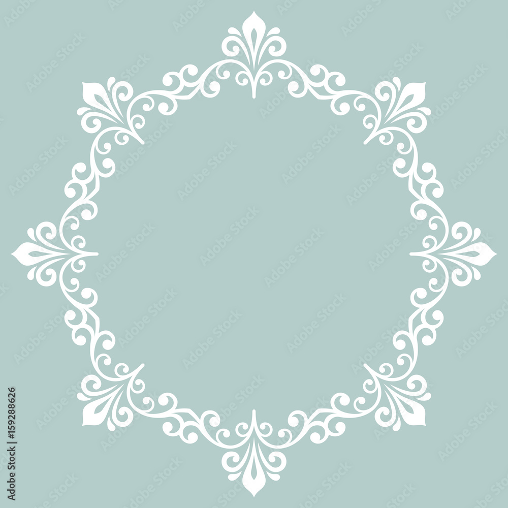 Oriental vector round white frame with arabesques and floral elements. Floral border with vintage pattern. Greeting card with place for text Oriental vector round white frame with arabesques and floral elements. Floral border with vintage pattern. Greeting card with place for text