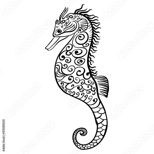 Stylized black and white icon of a seahorse