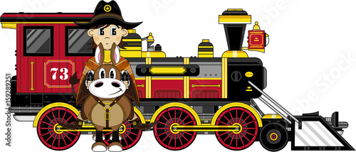 Cartoon Cowboy on Horse with Train