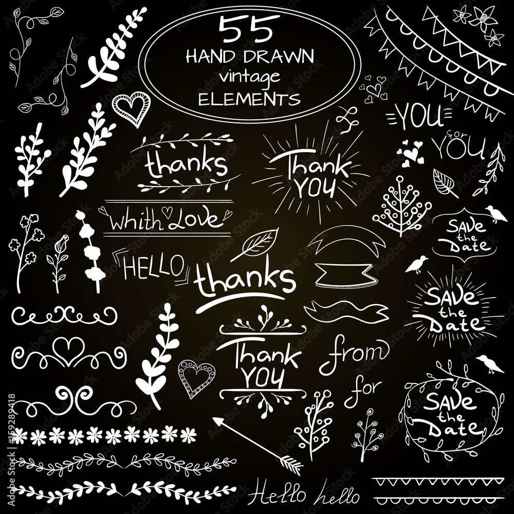 Big set of 55 hand drawn design elements. VECTOR. Blue on white