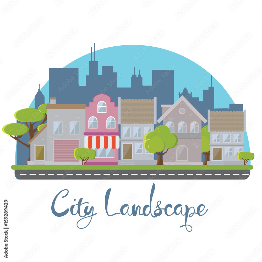 City landscape flat design modern buildings with trees