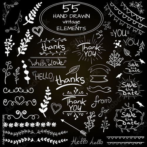 Big set of 55 hand drawn design elements. VECTOR. Blue on white