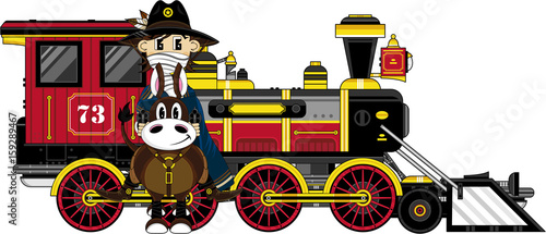 Cartoon Cowboy on Horse with Train