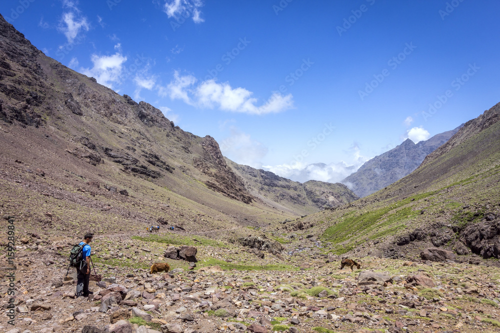 Toubkal national park, the peak whit 4,167m is the highest in the Atlas mountains and North Africa, trekking trail landscape panoramic view.