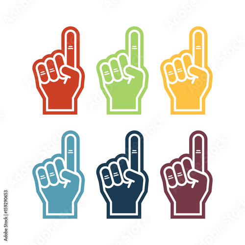 Illustration of a foam finger in six colors.
