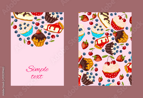 Cartoon style flyer template with muffins and cheesecake.