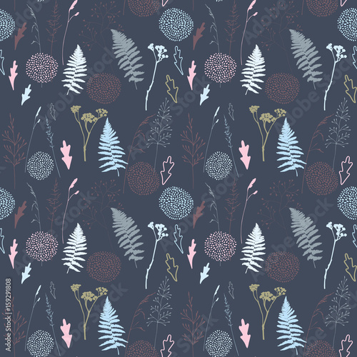 Vector floral seamless pattern with  wild meadow  grasses, fern leaves and st...