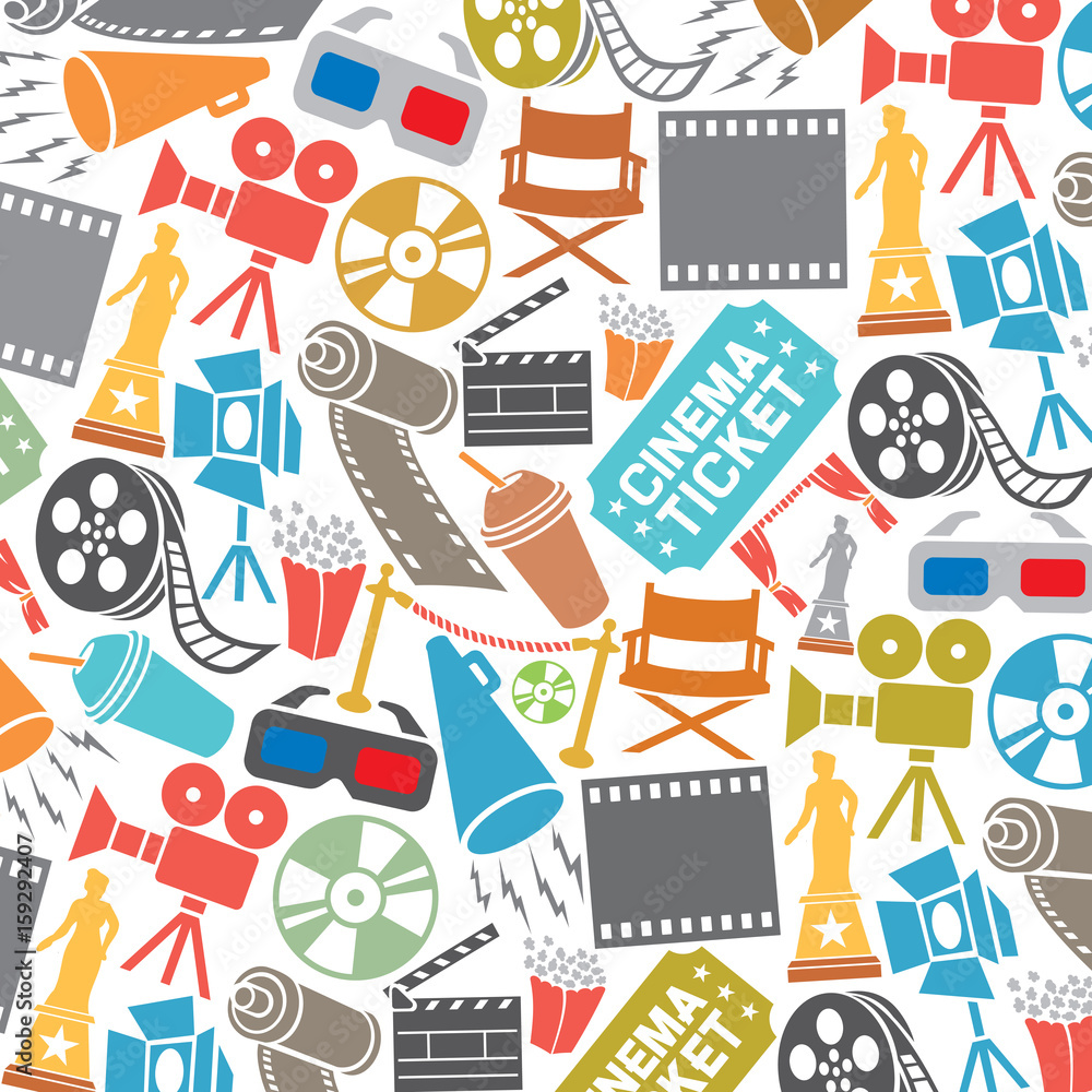 background pattern with cinema icons (film strip, popcorn, clapboard, camera, ticket, director chair, dvd, cd, film roll, stage projector, award, 3D glasses, reel)
background pattern with cinema icons (film strip, popcorn, clapboard, camera, ticket, director chair, dvd, cd, film roll, stage projector, award, 3D glasses, reel)